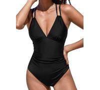 CUPSHE, Costume da bagno intero da donna, con scollo a V, controllo della pancia, doppie cinghie regolabili, con cout-out sul retro e anello O-ring, Nero, S