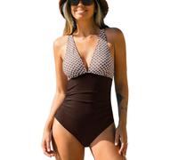 CUPSHE Costume da bagno intero da donna con scollo a V e controllo della pancia, costume da bagno incrociato retro costume da bagno, Marrone/Scacchiera, S