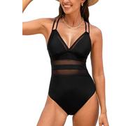 CUPSHE - Costume da bagno intero da donna, con scollo a V, in tessuto a rete, con dettagli decorativi, a doppia spallina, moda da spiaggia, Nero , L