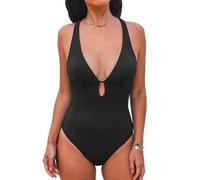 CUPSHE Costume da bagno intero da donna, con scollo a V profondo, oblò e anello, testurizzato, Nero, S