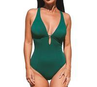CUPSHE Costume da bagno intero da donna, con scollo a V profondo, oblò e anello, testurizzato, Verde scuro, M