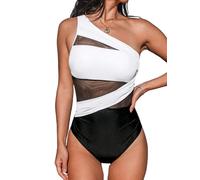 CUPSHE, Costume da bagno intero da donna per il controllo della pancia, increspato sul collo, asimmetrico con una sola spallina, in rete, Nero/Bianco, XS