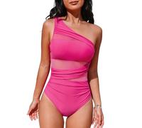 CUPSHE, Costume da bagno intero da donna per il controllo della pancia, increspato sul collo, asimmetrico con una sola spallina, in rete, Rosa, XL