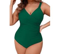 CUPSHE Costume da bagno intero da donna, taglie forti, controllo della pancia, scollo a V, curvy, ritaglio, dimagrante, Verde foresta, 3XL più