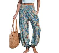 CUPSHE Gypsy Dreams - Pantaloni copricostume da bagno con motivo cachemire, motivo floreale, stile bohémien, con tasche in vita a nido d'ape, gamba affusolata estiva, Blu, L