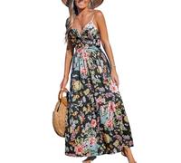 CUPSHE Maxi abito da donna con stampa floreale, scollo a V, senza maniche, estivo, casual, Motivo floreale nero., XL