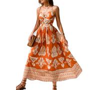 CUPSHE Maxi abito da donna floreale con scollo a V, senza maniche, con spacco laterale, increspato, casual, estivo, da spiaggia, Motivo cachemire rosso., XL