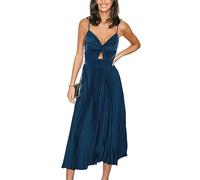 CUPSHE Maxi abito da donna in raso con scollo a V ritagliato senza maniche pieghettato anteriore torsione lungo elegante abito da festa a linea, blu navy, XL