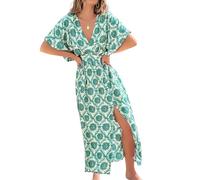 CUPSHE Maxi abito estivo da donna, stile boho, con scollo a V, mezza manica a dolman, vita imperiale, spacco laterale, prendisole per vacanze e spiaggia, Verde, M