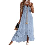 CUPSHE, Maxi abito sottoveste estivo in pizzo, in stile bohémien, con scollo a V e lacci con nappine, svasato e con balze, adatto per la spiaggia, Blu, XXL