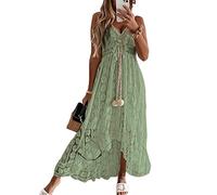CUPSHE, Maxi abito sottoveste estivo in pizzo, in stile bohémien, con scollo a V e lacci con nappine, svasato e con balze, adatto per la spiaggia, Verde scuro, XXL