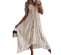CUPSHE, Maxi abito sottoveste estivo in pizzo, in stile bohémien, con scollo a V e lacci con nappine, svasato e con balze, adatto per la spiaggia, Beige, XXL