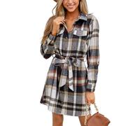 CUPSHE Mini abiti autunnali da donna a maniche lunghe con bottoni a quadri con cintura casual corta a linea, Plaid marrone., XL