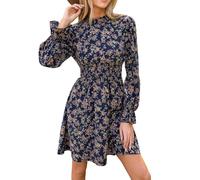 CUPSHE Mini abito autunnale floreale da donna con collo a lupetto con maniche lunghe a volant elastico in vita punto smock casual fluidi mini abiti