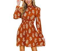 CUPSHE Mini abito autunnale floreale da donna con collo a lupetto con maniche lunghe a volant elastico in vita punto smock casual fluidi mini abiti, Arancione bruciato., L