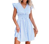 CUPSHE Mini abito da donna con scollo a V, maniche svolazzanti, a righe e punto smock in vita, abito corto estivo da cocktail, A righe blu., XL