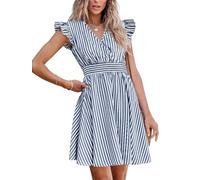 CUPSHE Mini abito da donna con scollo a V, maniche svolazzanti, a righe e punto smock in vita, abito corto estivo da cocktail, M