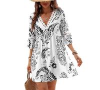 CUPSHE Mini abito estivo da donna con scollo a V e bordo in pizzo, maniche a 3/4, polsino increspato, casual, prendisole da spiaggia, nero, M