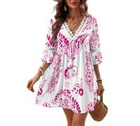 CUPSHE Mini abito estivo da donna con scollo a V e bordo in pizzo, maniche a 3/4, polsino increspato, casual, prendisole da spiaggia, Rosa, XL