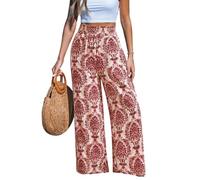 CUPSHE - Pantaloni da donna a gamba larga, elasticizzati, a vita alta, in lino e cotone, per la spiaggia, stile palazzo, estivi, Rosso, L