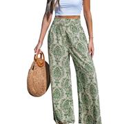 CUPSHE Pantaloni da donna a gamba larga elasticizzati a vita alta pantaloni da spiaggia in cotone lino pantaloni estivi a palazzo, Verde, XL