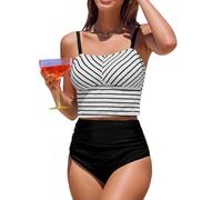 CUPSHE Tankini da donna con scollo quadrato a vita alta due pezzi costumi da bagno con spalline regolabili costumi da bagno, Nero/a righe, S