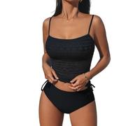 CUPSHE Tankini da donna Set due pezzi costume da bagno quadrato collo in rete costume da bagno regolabile spalline sottili coulisse costume da bagno, Nero , S