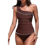 CUPSHE Tankini da donna Set una spalla collo asimmetrico volant due pezzi costume da bagno spalline regolabili costumi da bagno, Marrone rossiccio., L