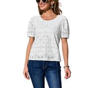 CUPSHE Top estivo da donna girocollo con occhielli in pizzo cotone top a sbuffo manica corta sangallo camicetta casual, bianco, M