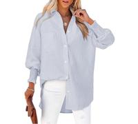 Cuptacc Camicia Donna Manica Lunga Banda Scollo V Camicetta Sciolto Leggeri Bottone Tuniche Senza Pieghe Polsini Plissettati Top con Taschino Taglie Forti Strisce Blu Scuro XXXL