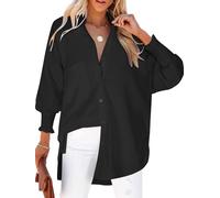 Cuptacc Camicie Donna Manica Lunga Blusa Scollo A V Top 2025 Moda Tinta Unita Plissettati Polsino Blusa Assorbe L'umidità Morbida Camicetta Nero XXL