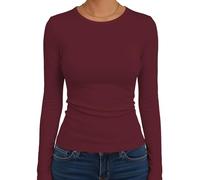 Cuptacc Maglia a maniche lunghe da donna, elegante, scollo rotondo, aderente, da donna, a righe, per mantenere il caldo, basic, a maniche lunghe, rosso vivo, M