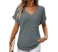 Cuptacc Maglietta da donna con scollo a V, maniche corte, arma, tunica comoda con tasca sul petto, morbida e traspirante, top basic per comfort nella vita di tutti i giorni, grigio., M