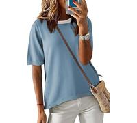Cuptacc Maglietta Donna a Righe, Top Estate con Collo Tondo e Manica Corta, Pullover Elegante in Cotone, Blu Lago, Taglia M 38-40