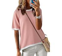 Cuptacc Maglietta Donna a Righe, Top Estate con Collo Tondo e Manica Corta, Tunica Elegante in Cotone, Rosa2， Taglia L 42-44