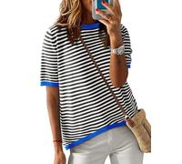 Cuptacc Maglietta Donna a Righe, Top Estate con Collo Tondo e Manica Corta, Tunica Elegante in Cotone, Nero, Taglia 2XL 50-52