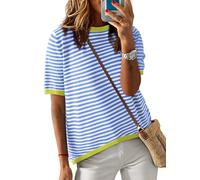 Cuptacc Maglietta Donna a Righe, Top Estate Elegante con Collo Tondo e Manica Corta, Blusa Larga in Cotone, Azzurro, Taglia S 34-36