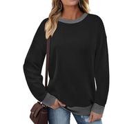 Cuptacc Maglietta Donna Maniche Lunghe Girocollo 2025 Moda Autunno Tunica Danno Coste Colori Contrastanti Casuale Cotone Maglietta Nero XL