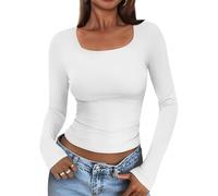Cuptacc Magliette Donna Manica Lunga Elegante Scollo Quadrato Tendenza Tuniche Morbida Casual vestibilità T-Shirt Moda Sexy Solido Top Bianco S