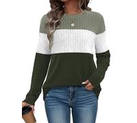 Cuptacc Maglione da donna con scollo rotondo, casual, a coste, a maniche lunghe, elegante, colore coordinato, comfort, Verde bianco-verde, L