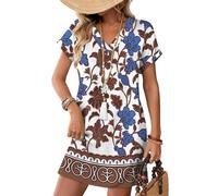 Cuptacc Vestiti Estivi Donna Manicha Corta Scollo a V Lunghezza al Ginocchio Abito da Spiaggia Elegant Larghi Floreale Blu Marrone, X-Large XL 46-48