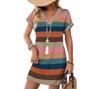Cuptacc Vestiti Estivi Donna Manicha Corta Scollo a V Lunghezza al Ginocchio Abito da Spiaggia Elegant Larghi Righe Color Block, X-Large XL 46-48
