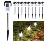 CUQOO Luci Solari da Giardino LED 10 Pezzi - Faretti Solari da Esterno per Vialetti, Lampade Solari Potenti in Acciaio Inox, Luci LED da Giardino Impermeabili Energia Solare (Bianco)