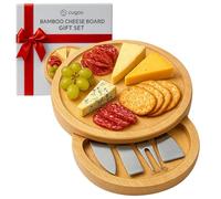 CUQOO Vassoio per formaggio rotondo in legno con scomparto per coltelli, 3 coltelli e 1 forchetta in acciaio inossidabile, ideale per formaggio, frutta e carne