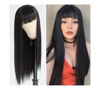 Cura della persona Parrucca nera sintetica con frangia piena, parrucca lunga e liscia, capelli naturali morbidi, resistente al calore, copricapo in seta for donna Extension per Capelli