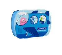 Curaprox Set da viaggio Kids-Spazzolino, dentifricio e scovolini | Filamenti Curen ® ultra morbidi/Set da viaggio compatto per bambini (blu) | Prodotto in Svizzera