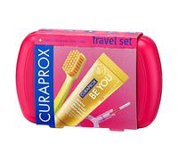 Curaprox Travel Set Red Cofanetti spazzolino pieghevole CS 5460 Ultra Soft 1 pz. + dentifricio Be You Rising Star Pompelmo e Bergamotto 10 ml + spazzolino interdentale 2 pz. + porta spazzolino interdentale 1 pz.
