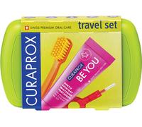 Curaprox Travel Set Green Cofanetti spazzolino pieghevole CS 5460 Ultra Soft 1 pz. + dentifricio Be You Candy Lover Watermelon 10 ml + scovolino interdentale 2 pz. + porta scovolino interdentale 1 pz.