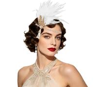 CURASA Copricapo anni '20 con piume Gatsby, fascia per capelli in oro bianco con strass ruggenti anni '20, copricapo con foglie, vintage, accessori per capelli, matrimonio, ballo di fine anno, feste