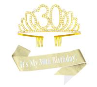 CURASA Fascia e corona di compleanno da donna per 30° compleanno, corona di compleanno dorata per adulti e donne con strass diadema di compleanno oro è il mio 30° compleanno fascia decorazione di